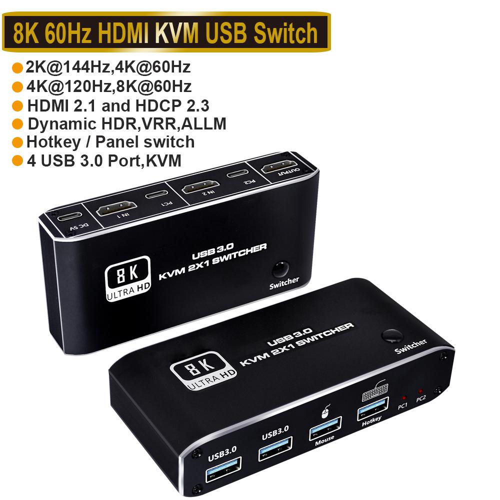 HDMI KVM Switch,AUBEAMTO 8K USB Switch 2×1 HDMI2.1 Ports + 4X USB3.0 KVM Ports, Share 2 Computers one Monitor Switch,Supports 8K 60Hz,4K 120Hz,YUV 4:4:4, HDCP 2.3, HDR 10, Hotkey