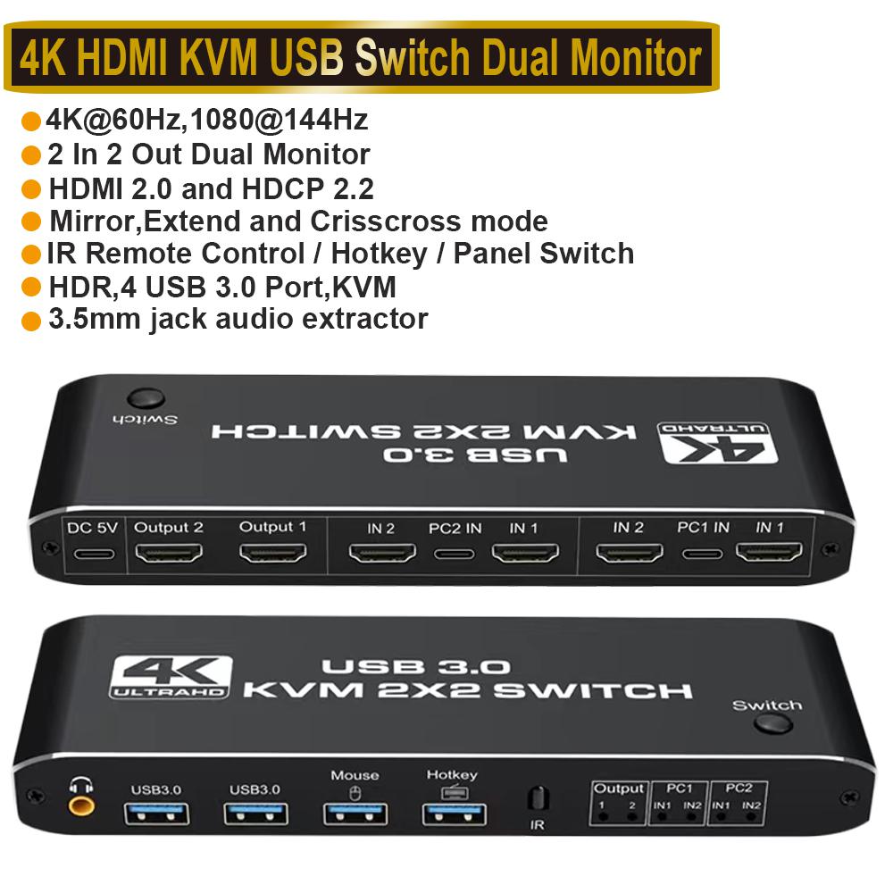 AUBEAMTO 4K 60Hz KVM Switch HDMI 2 Port 2 Monitor HDMI KVM Switch USB 3.0  PC Computer KVM Switch Keyboard Mouse Switcher Box for Laptop,PS4,Xbox