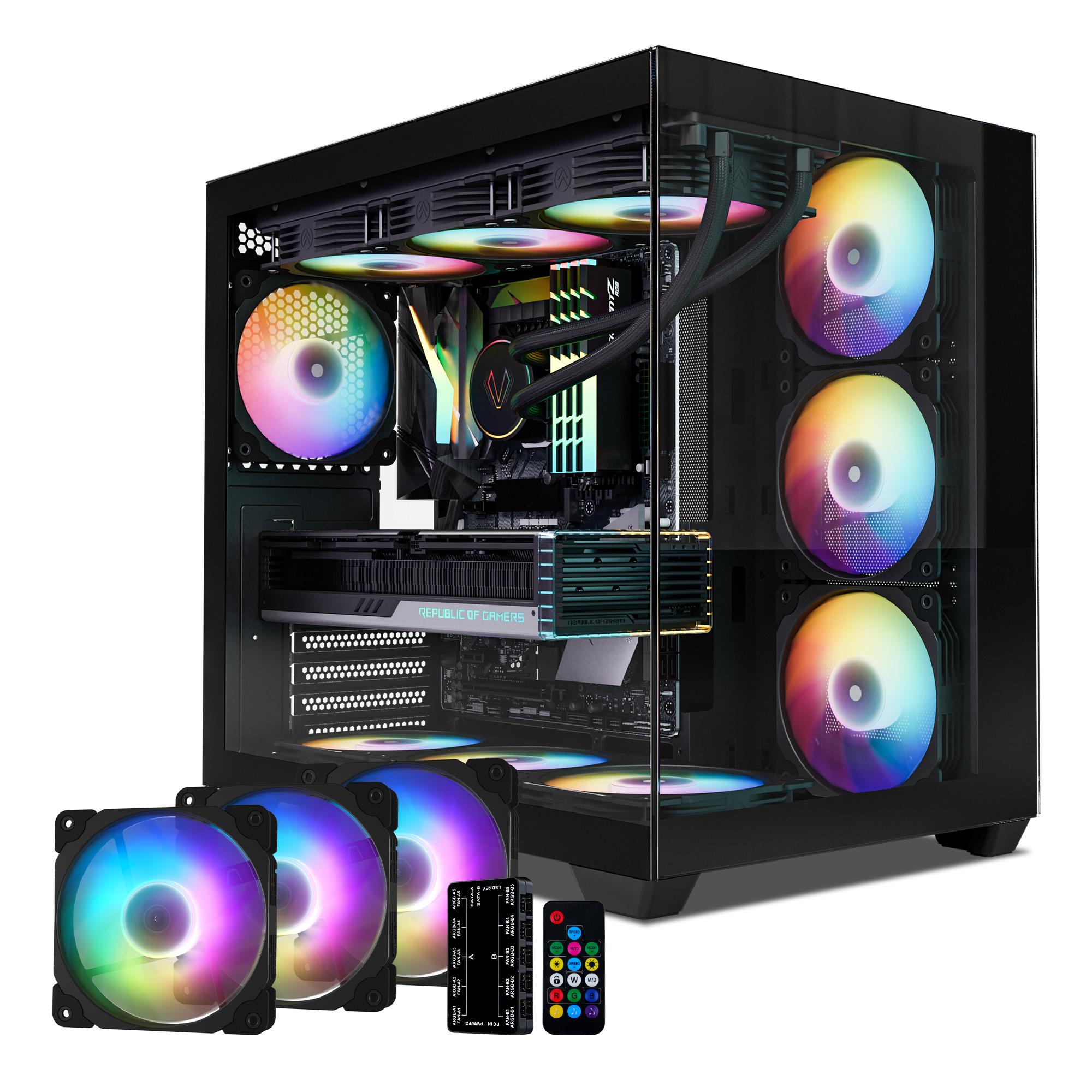 Vetroo AL900 ATX PC Case with 270° Full View Tempered Glass, Supports 360mm Radiator, 4 PWM FDB ARGB Fans with Controller — Black