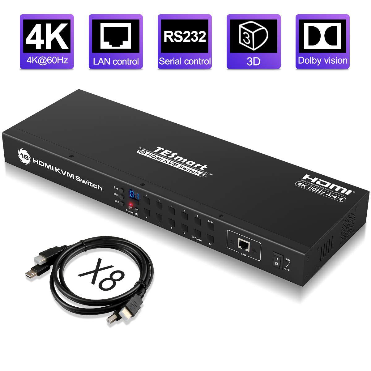 TESmart 16×1 HDMI KVM Switch 16 Port Enterprise Grade Support 1080P HD Console Rack Mount Switcher with 8 Pcs 5ft KVM Cable,USB 2.0 Device Control up to 16 PCs/Servers,RS232,LAN Port Control 1080P