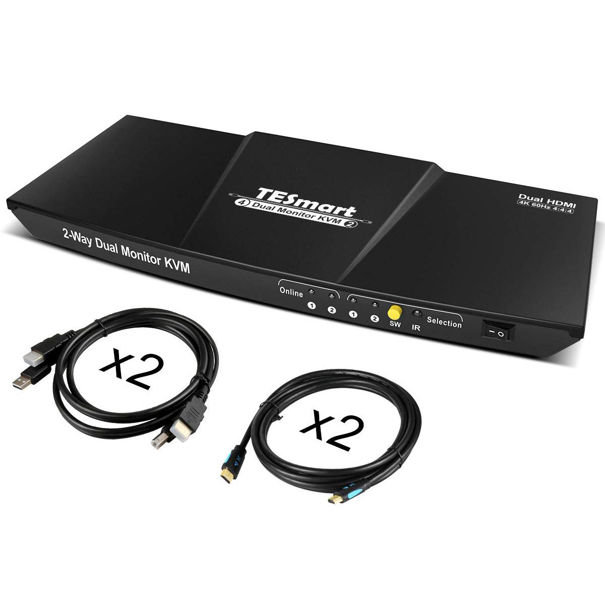 TESmart Dual Monitor KVM Switch HDMI 2 Computers 2 Monitors| Extended Display, 4K 3840*2160@60Hz, Hotkey Switching, Support HDR 10, HDCP 2.2, With audio and USB 2.0 port