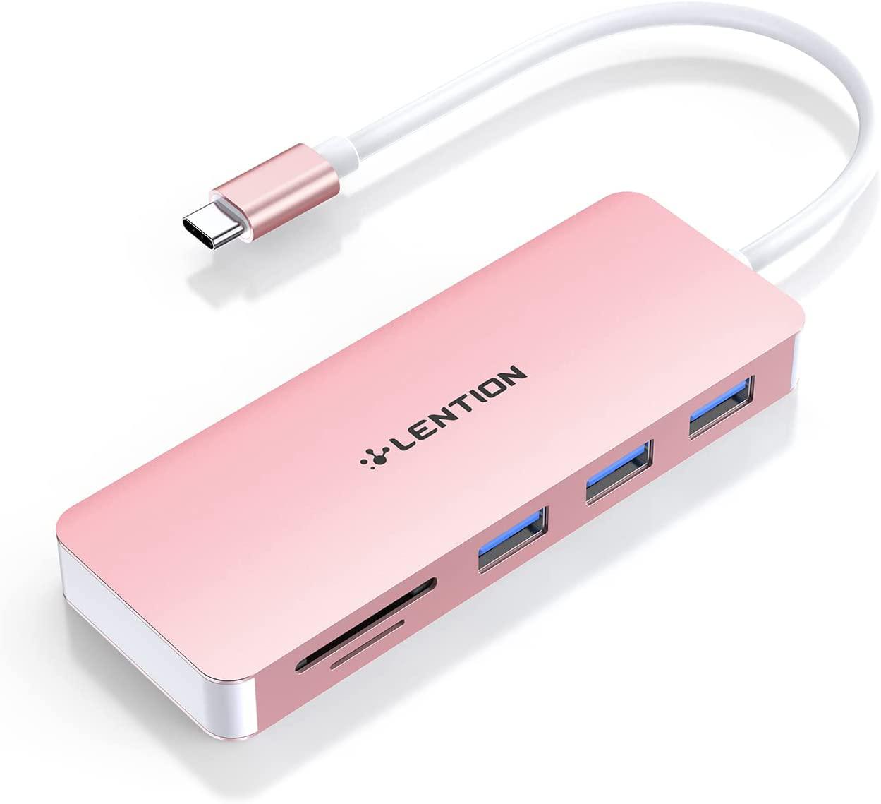 LENTION USB C Hub with 3 USB 3.0 & SD/Micro SD Card Reader Compatible 2023-2016 MacBook Pro,New Mac Air/iPad Pro/Surface,More,Type C Adapter(CB-C15,Rose Gold)