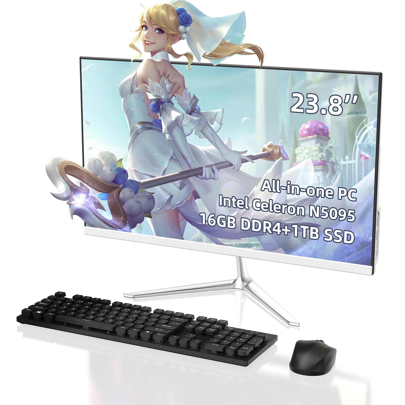 JUSTTHINK 23.8 Inches All-in-One PC Intel Celeron N5095 16GB DDR4 RAM+1TB SSD,1080P IPS FHD Display Desktop Computer with WiFi 2.4G/5G,Bluetooth 4.2,Include Keyboard/Mouse