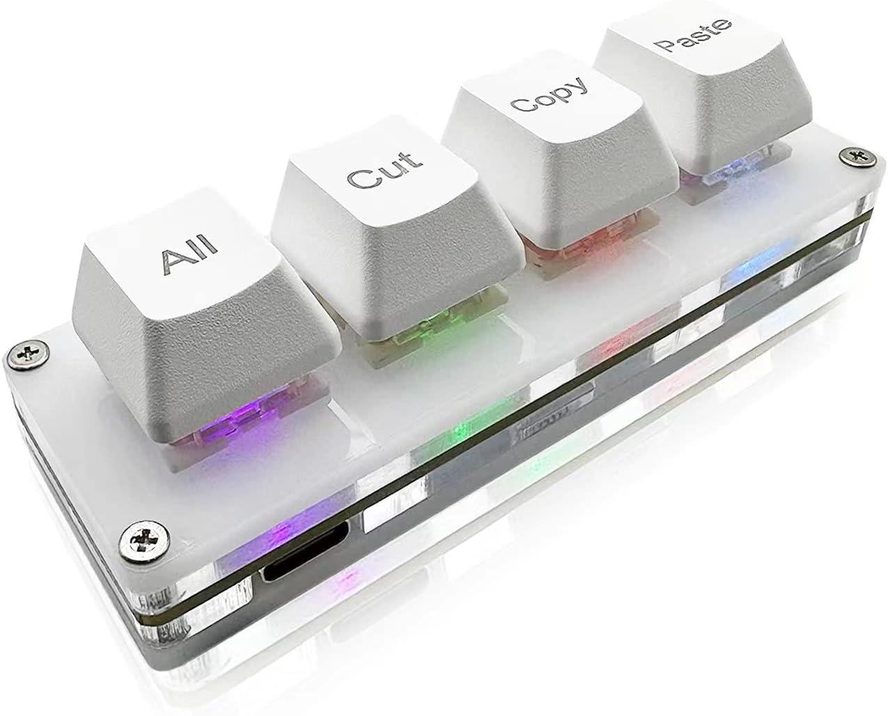 Mini 4-Key Select-All Cut Copy Paste Macro Pad Ctrl A X C V Shortcut One Handed Keyboard RGB Gaming Mechanical Keyboard OSU Keypad Programmable Keyboard for Working and Gaming. (White)