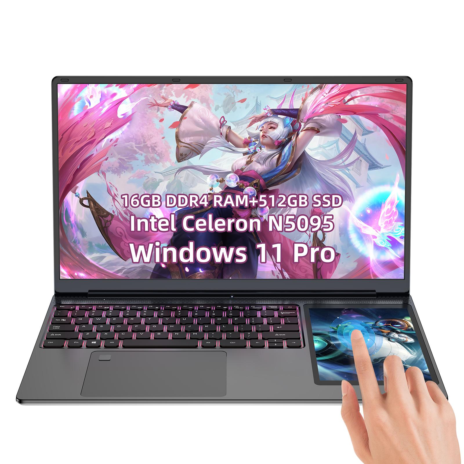 RATEYUSO Windows 11 Pro 15.6»+ 7» Touch Screen Laptop,Celeron N5095 CPU Notebook,16GB DDR4 RAM +512GB SSD,FHD 1080P IPS Dual screen Laptop with Backlit /Fingerprint Reader,Bluetooth 4.2,WIFI 2.4G/5G