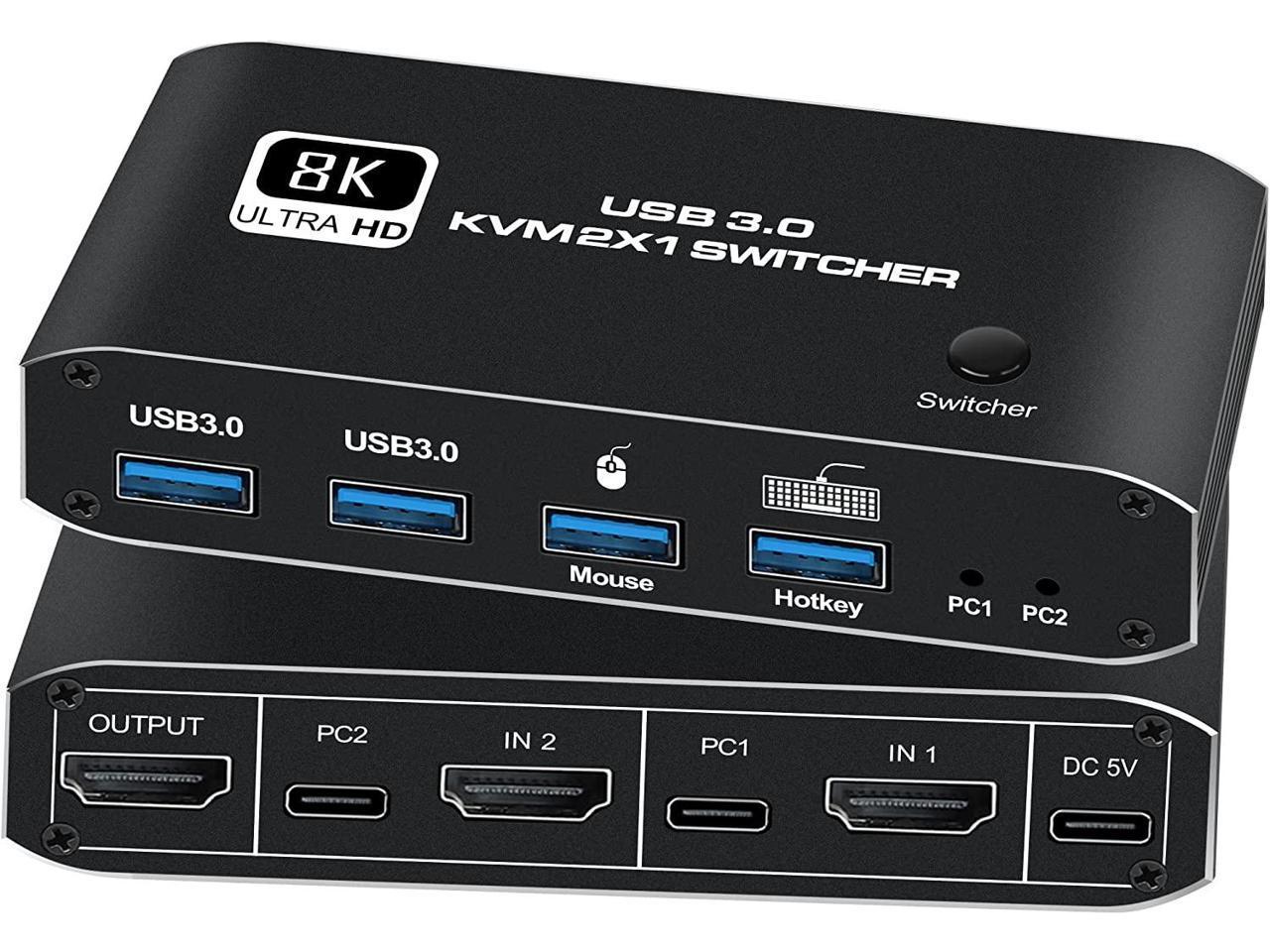 HDMI KVM Switch, KEHIPI 8K USB Switch 2×1 HDMI2.1 Ports + 4X USB3.0 KVM Ports, Share 2 Computers one Monitor Switch,Supports 8K 60Hz,4K 120Hz,YUV 4:4:4, HDCP 2.3, HDR 10, Hotkey
