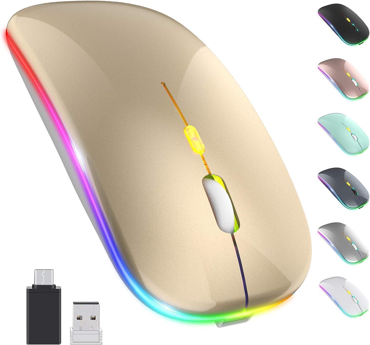 KEHIPIUpgrade LED Wireless Mouse, Slim Silent Mouse 2.4G Portable Mobile Optical Office Mouse with USB & Type-c Receiver, 3 Adjustable DPI Levels for Notebook, PC, Laptop, Computer, MacBook -Gold