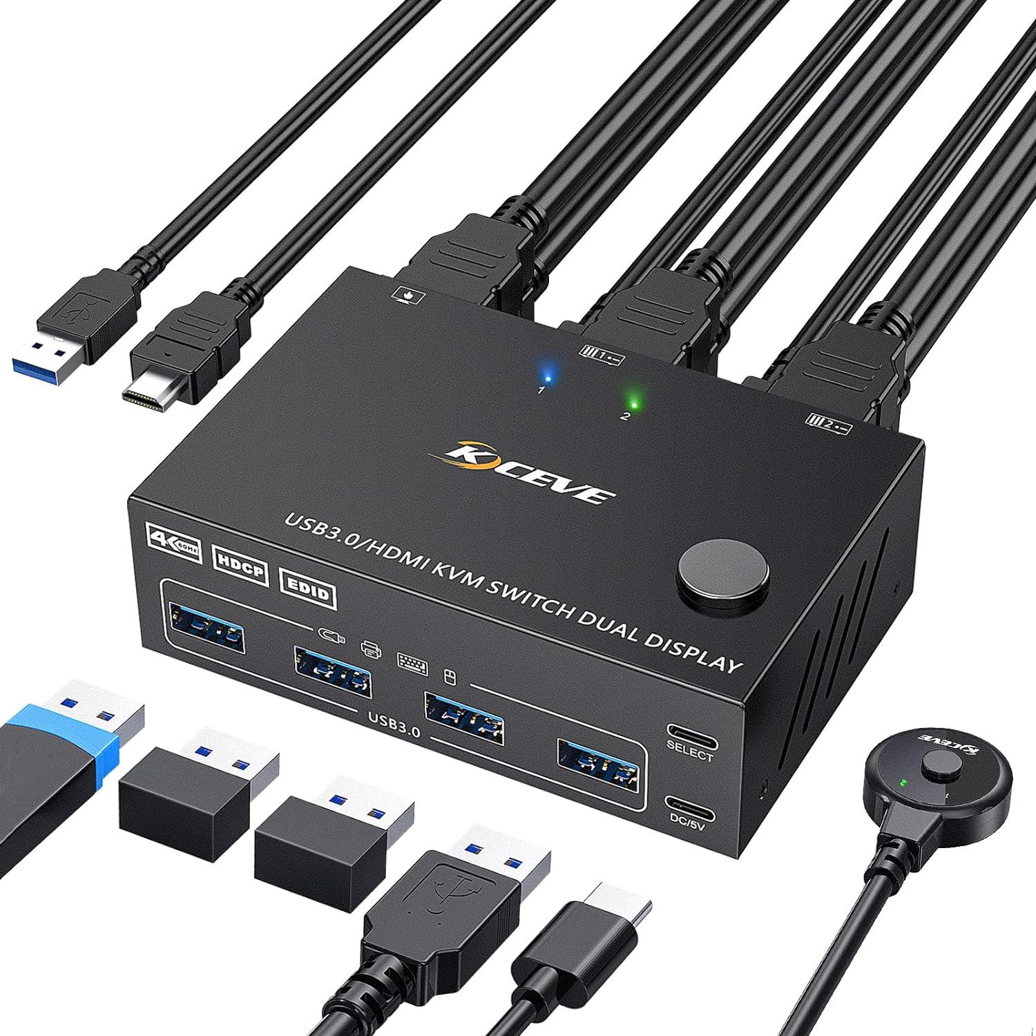 USB 3.0 KVM Switch HDMI Dual Monitor,USB HDMI Extended Display Switcher for 2 Computers 2 Monitors and 4 USB 3.0 Ports,with Simulation EDID,NAWEN KVM Switch HDMI Support 4K@60Hz 2K@144Hz