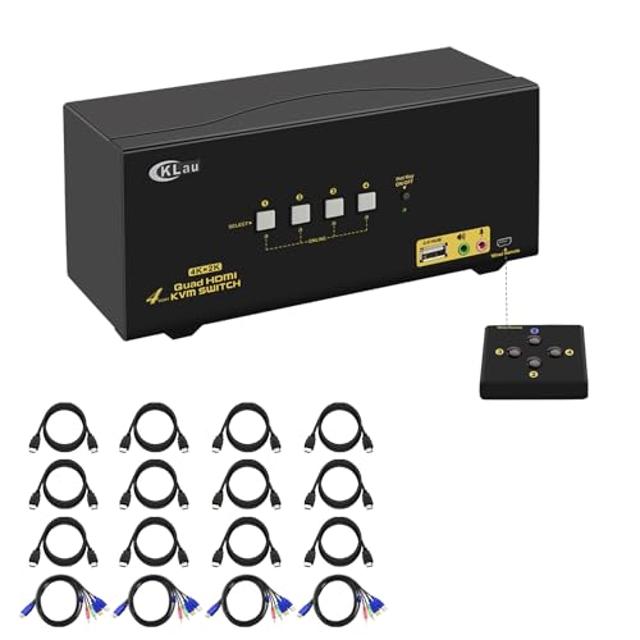 CKLau 4Kx2K@60Hz 4 Port Quad Monitor KVM HDMI Switch with Audio, Microphone, USB 2.0 Hub, Cables for 4 Computers Sharing Single Keyboard, Mouse and 4 Monitors