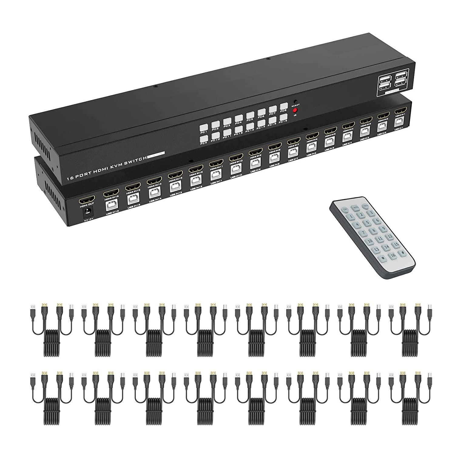 16 Port KVM Switch HDMI, 4K@30Hz HDMI Rack Mount KVM Switch w/ 16 Pcs KVM Cables, Support 4 USB 2.0 Devices & HDCP 2.2 & Remote Control for 16 Computers/Servers