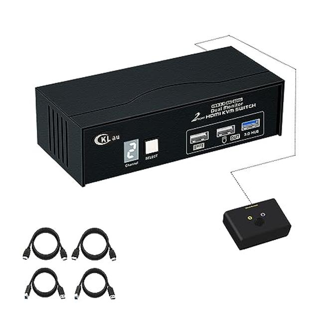 CKLau 2 Port Dual Monitor KVM Switch USB 3.0 4K60Hz 2K144Hz with Digital Display and Cables, 2 Computers 2 Monitors Keyboard Mouse Video Peripheral Selector Box Supports Emulation EDID, HDMI 2.0, HDCP