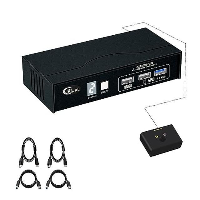 CKLau 8K60Hz 4K144Hz 2 Port USB 3.0 KVM Switch Displayport 1.4 with All Input Cables, Digital Display for Two Computers Sharing One Monitor