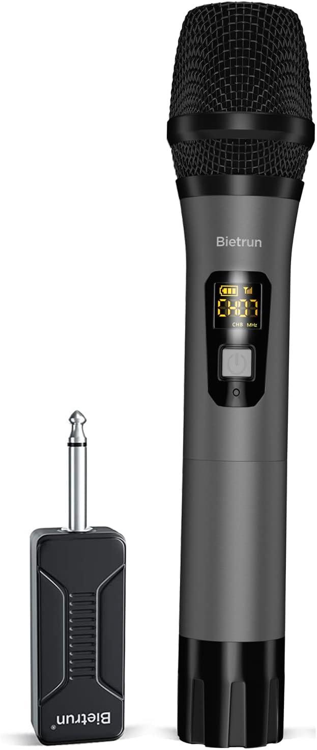 Bietrun Wireless Microphone Only for Mic Input, UHF Metal Dynamic Handheld Multipurpose Mic with Rechargeable Receiver (Work 4hs), 160ft Range, for  Machine, Amplifier Speaker, Mixer, Church
