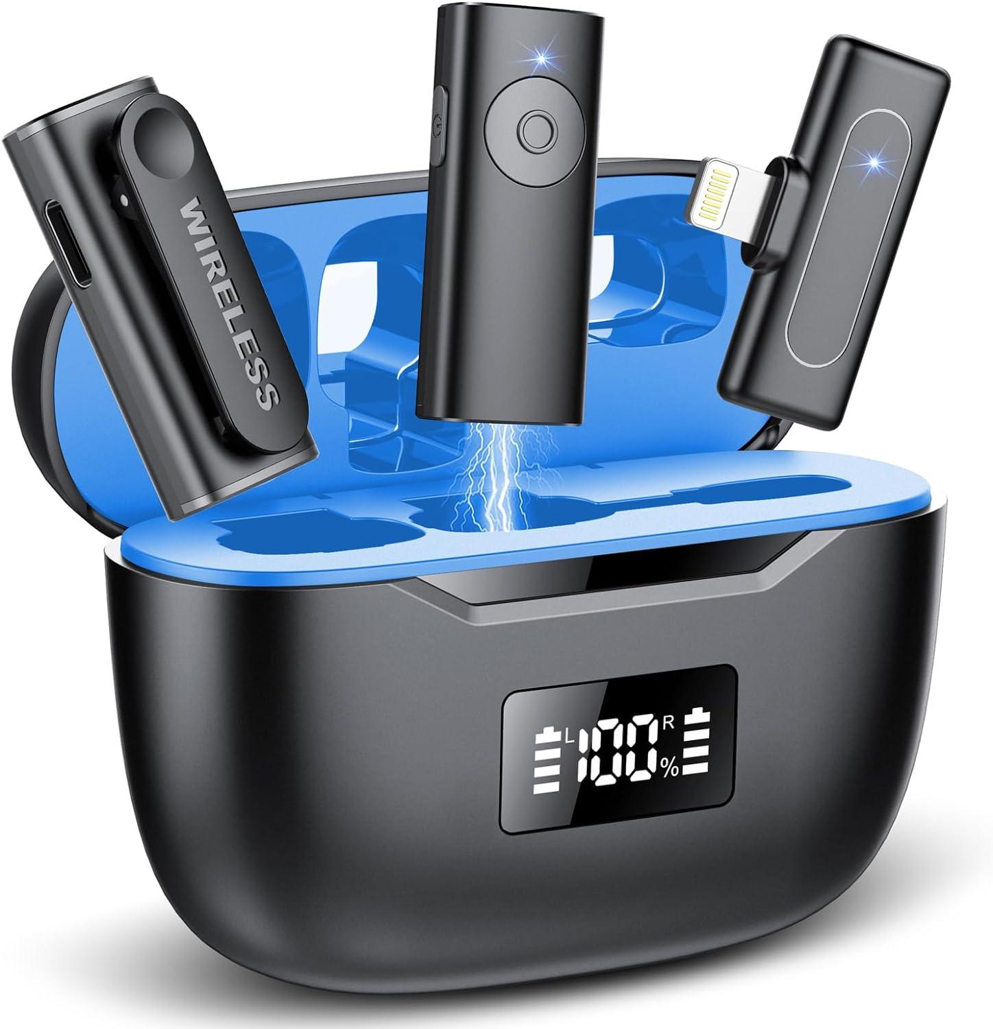 2 Pack Wireless Lavalier Microphone for iOS Phone/Pad, Lapel Clip-on Noise Cancelling Lapel Mic, Cordless Omnidirectional Condenser Recording Mic with LED Display for Recording YouTube Blue