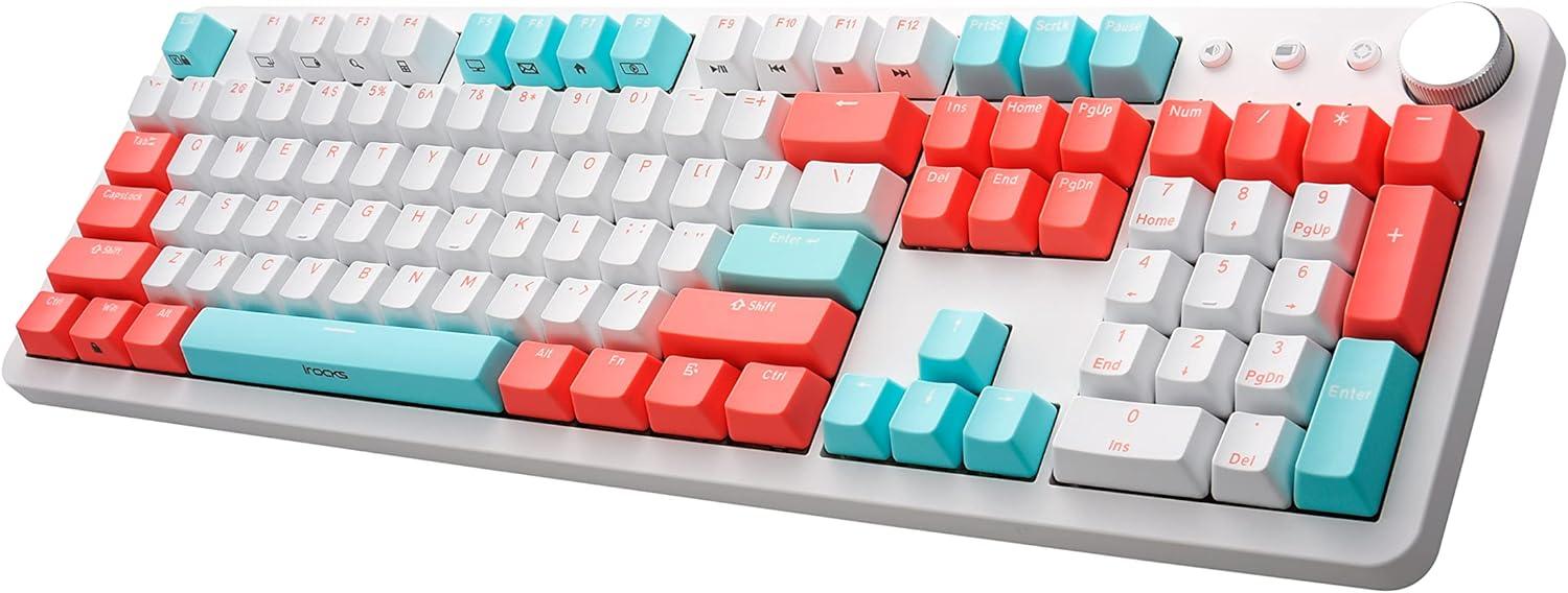 i-rocks K73M Mechanical Gaming Keyboard with Media Control Knob, 107 Keys, PBT Keycaps, Multimedia Hotkeys, Detachable USB-C Cable (Cherry MX Brown Switches, Mint Peach)