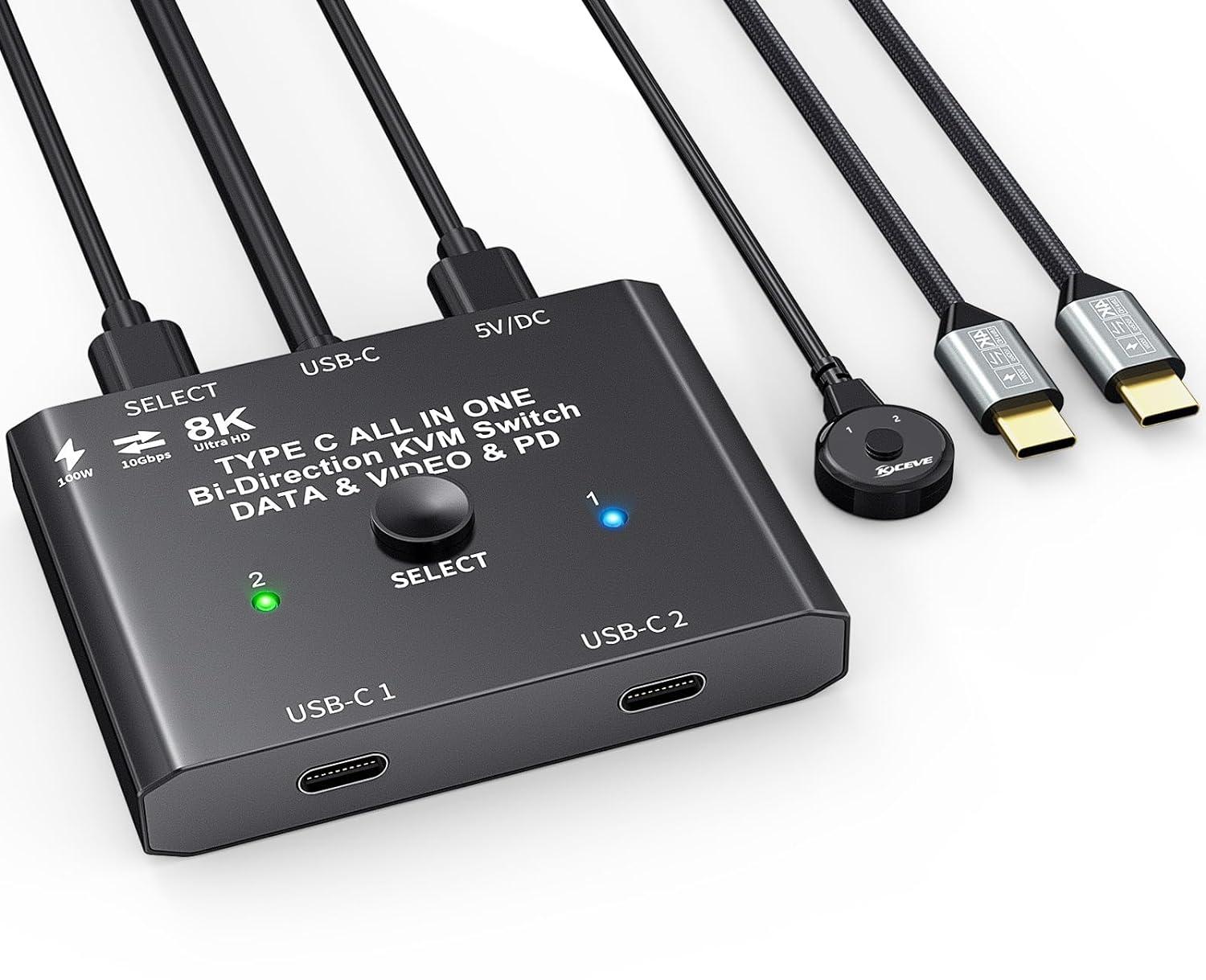 USB C Switch,Bi-Directional USB C Switcher 2 Laptops,USB Type C KVM Switch 4K@120Hz Video/10Gbps Data Transfer/100W Charging,Compatible with Thunderbolt Device,2.62FT USB-C Cables Included