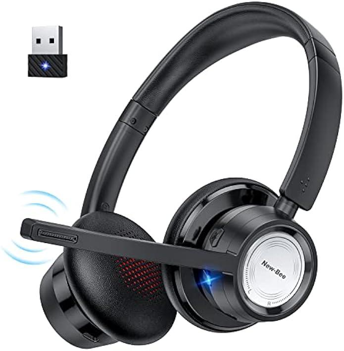 New bee Wireless Headset Bluetooth Headset with Noise Cancelling Microphone 20hrs Talk time & Mute Button for Work/PC/Office/Zoom/Skype (Include USB Dongle)