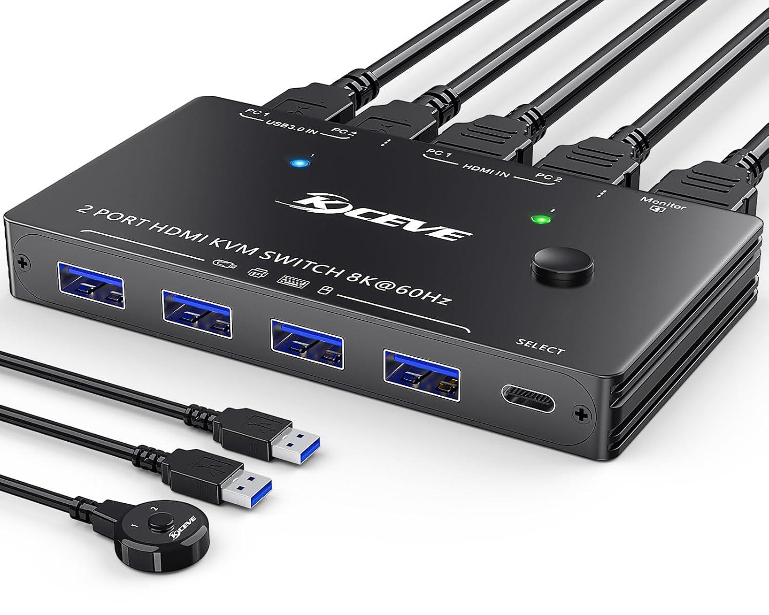 8K USB 3.0 KVM Switch HDMI 2 Port 8K@60Hz 4K@120Hz,Camgeet HDMI 2.1 KVM Switch for 2 Computers Share 1 Monitor and 4 USB 3.0 Devices,HDCP 2.3, HDR 10,with Wired Remote and 2 USB3.0 Cable