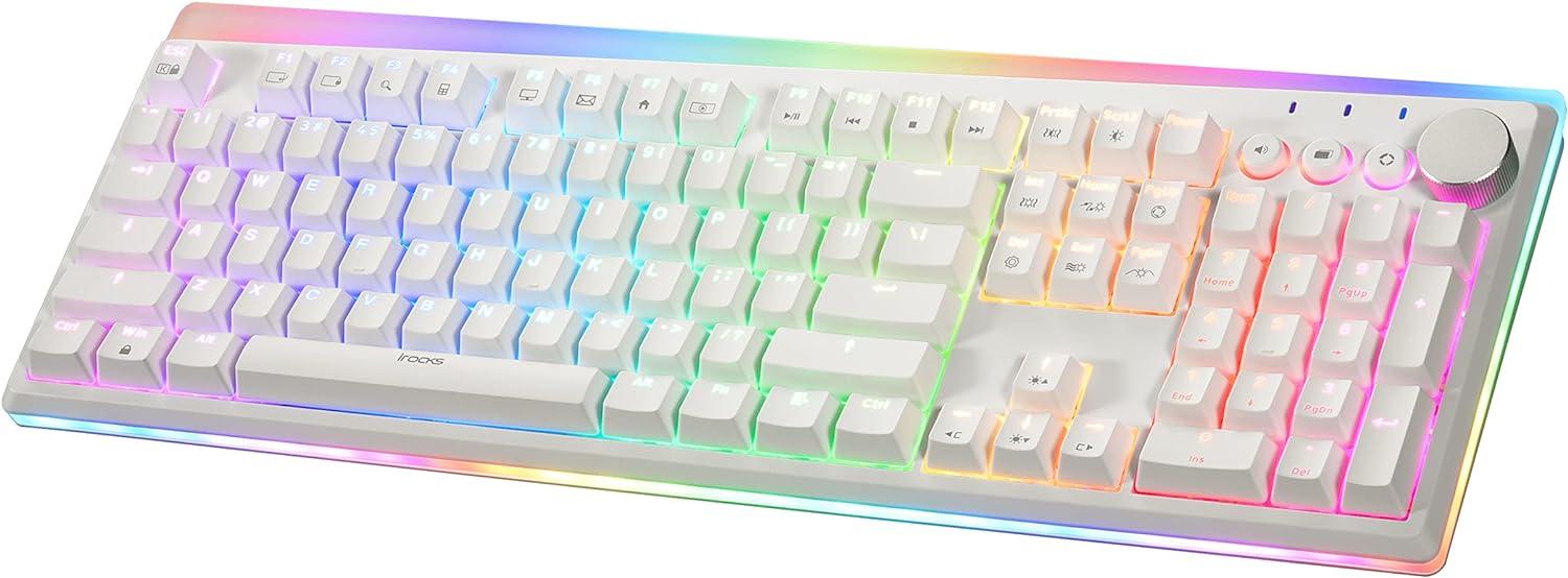 iRocks K71R Wireless RGB Mechanical Gaming Keyboard,Gateron Switches Brown,PBT 107 Keys NKRO,RGB Backlit, Pro Keyboard for Gaming and Work,Dual Interface Wireless & Wired, Windows Laptop PC Mac,White