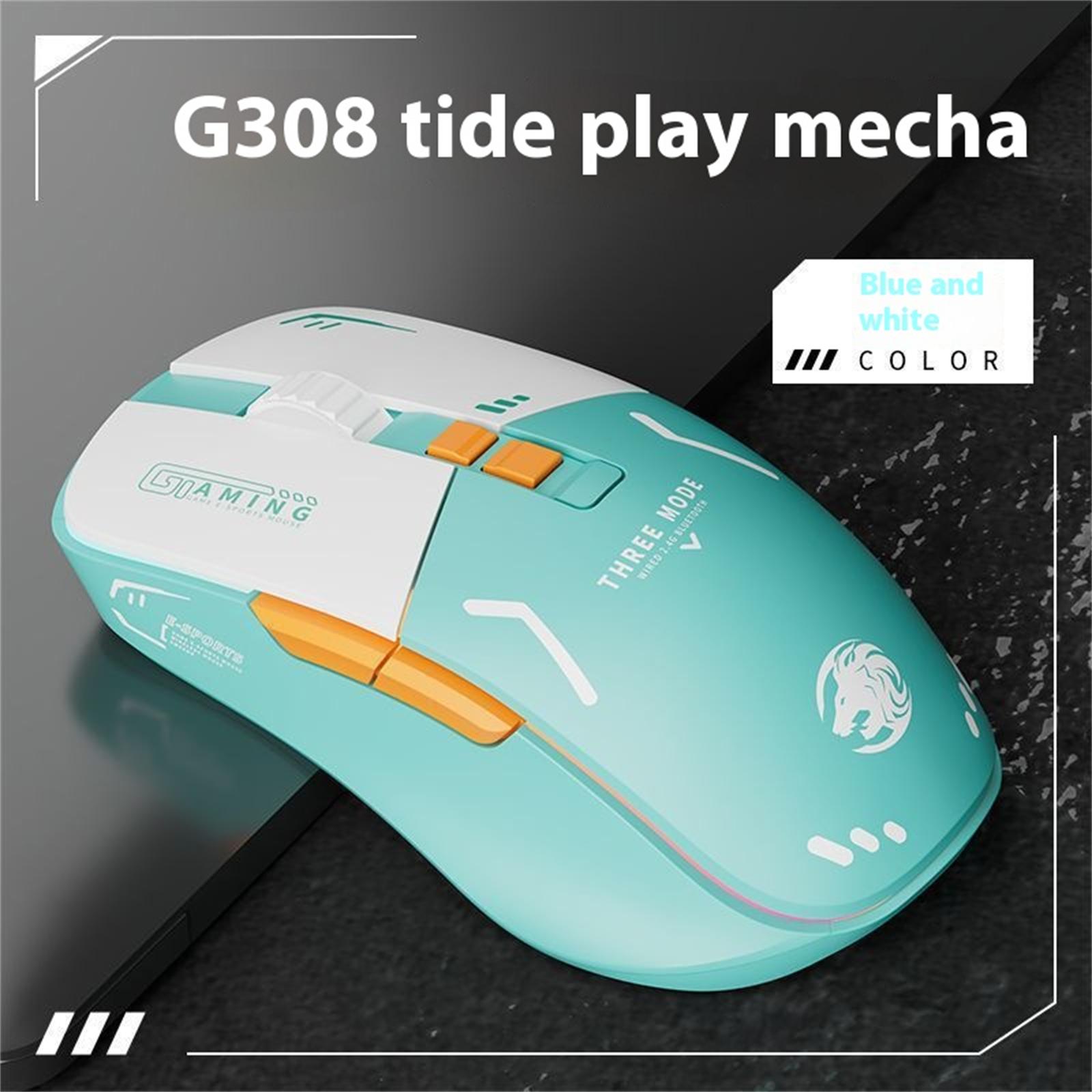 FANTECH  G308 Wired Wireless Bluetooth Triple Mode Mecha Gaming Mouse Rechargeable and silent computer office,  8000 dpi, 2.4G Wireless& Bluetooth&Wired, RGB Lighting, G308 mecha blue white