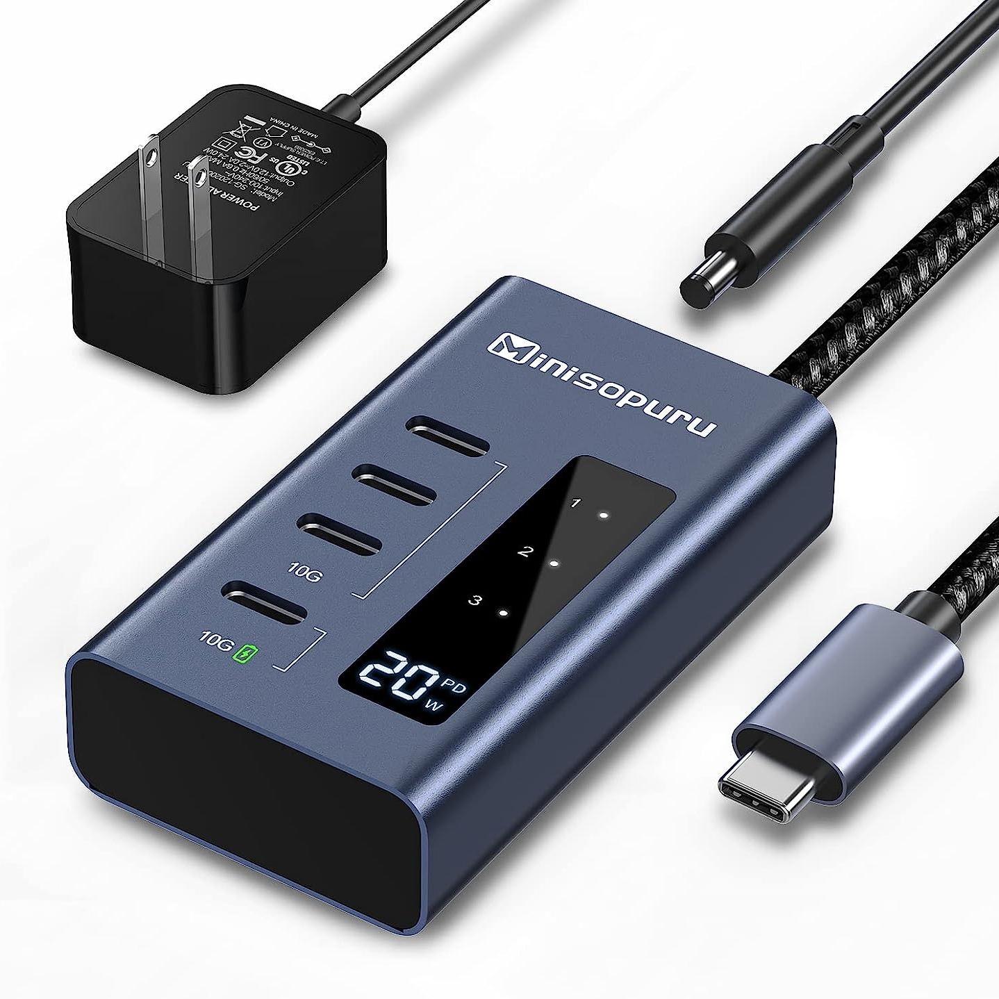 Minisopuru Powered USB C Hub, 10Gbps USB-C Hub 4 Ports Support Data & Smart Charging(Not Support Video), USB C to USB C Hub Multiport Adapter for MacBook Pro/Air, iMac, iPad, Phone, Chromebook, etc.