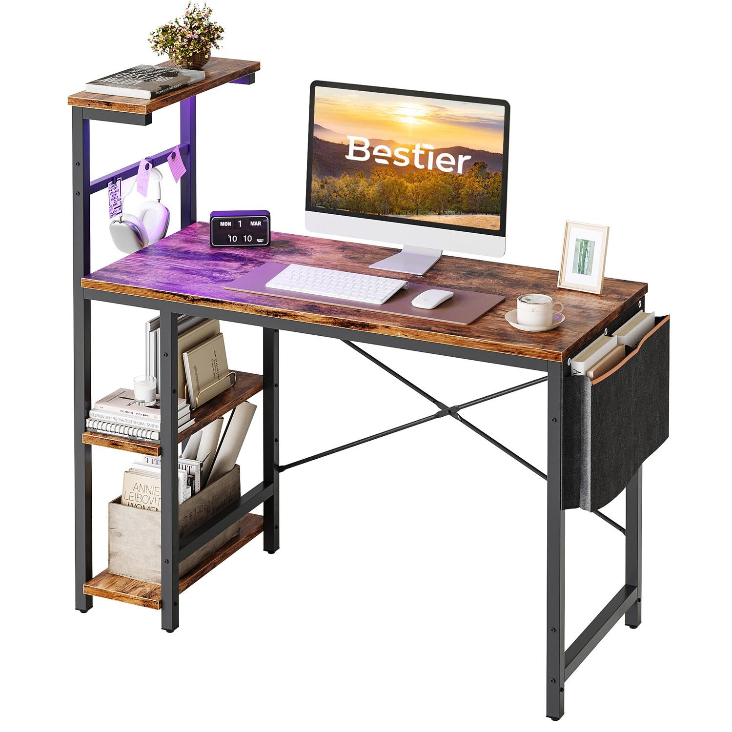 Bestier 44 Inch Gaming Desk, 4 Tier Shelf Computer Desk with LED Lighting, Side Storage Bag and Accessories Hanger for Gaming and Working, Rustic Brown