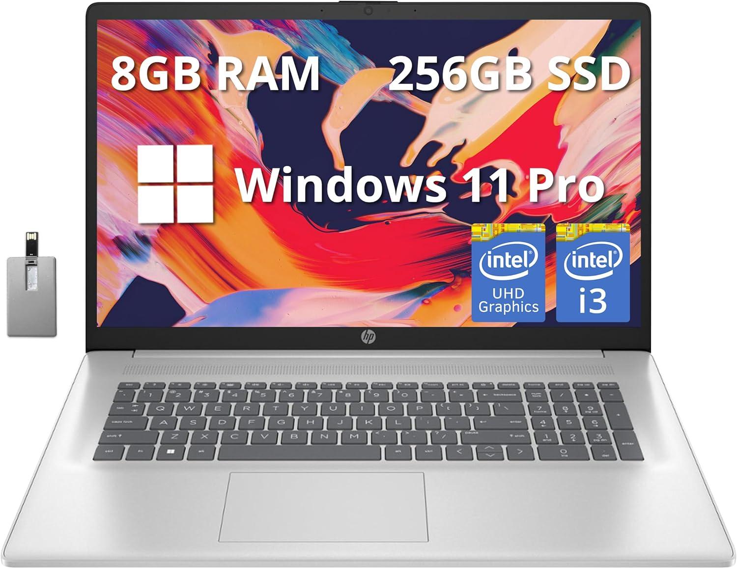 HP 17.3″ Full HD Laptop, Intel Core i3-1215U Processor, 8GB RAM, 256GB PCIe SSD, Intel UHD Graphics, Numeric Keypad, 720p HD Webcam, Windows 11 Pro, Natural Silver, 32GB Hotface USB Card