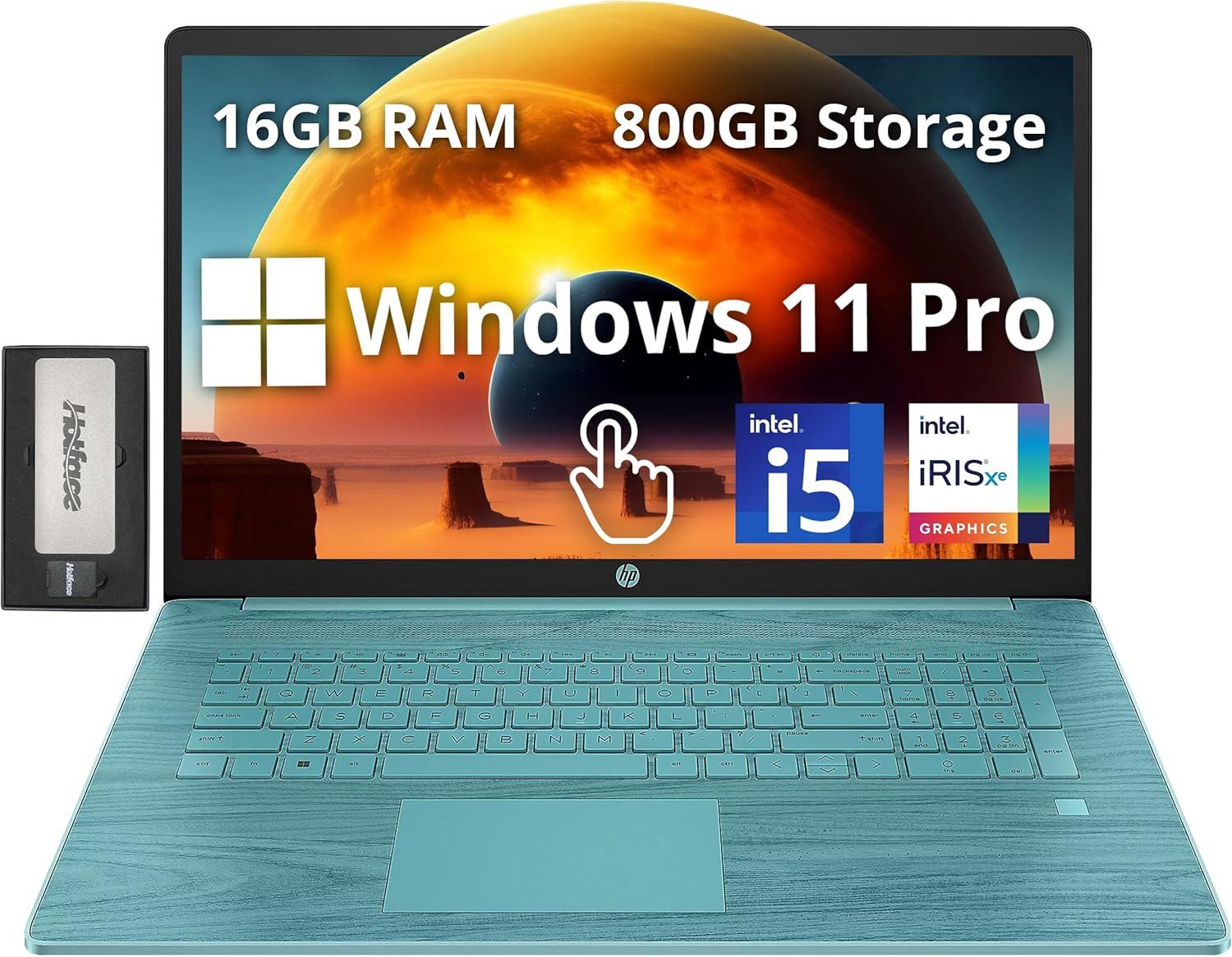 HP 17.3″ HD+ Touch Laptop, Intel i5-1335U, 16GB RAM, 800GB Storage(512GB SSD+288GB Docking Station Set), Intel Iris Xe Graphics, Backlit Keyboard, Fingerprint Reader, WiFi, Win 11 Pro, Teal
