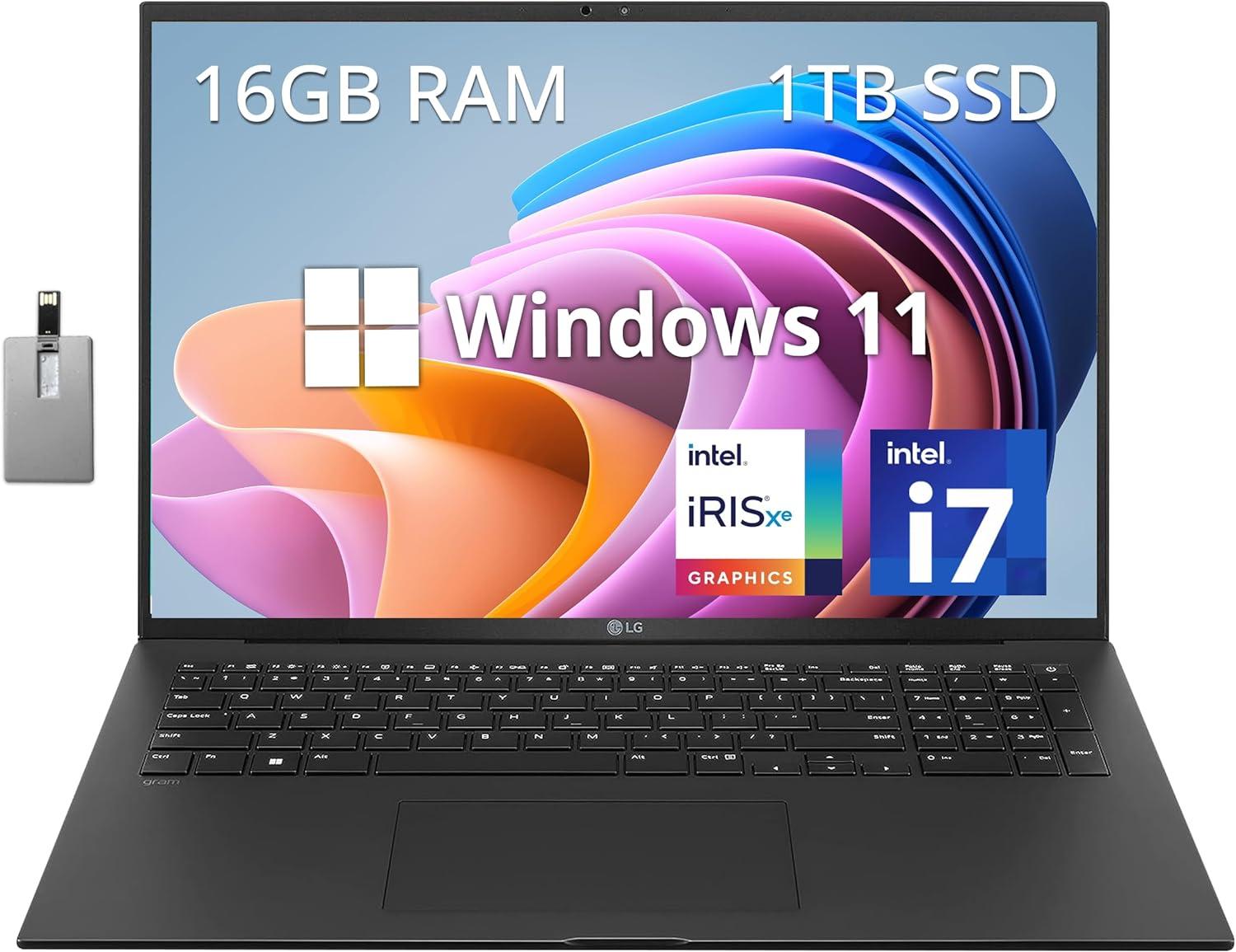 LG Gram 17″ WQXGA Lightweight Laptop, 13th Gen Intel Core i7-1360P, 16GB RAM, 1TB PCIe SSD, Intel Iris Xe Graphics, Backlit Keyboard, HD Webcam, Wi-Fi 6E, Win 11 Pro, Black, 32GB USB Card