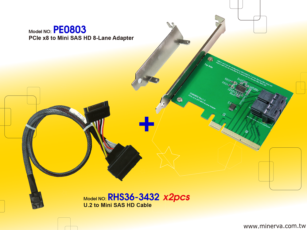 Адаптер PCIe x8 Gen3 to Mini SAS HD (SFF-8643) 8-Lane + 2 кабеля Mini SAS HD to U.2