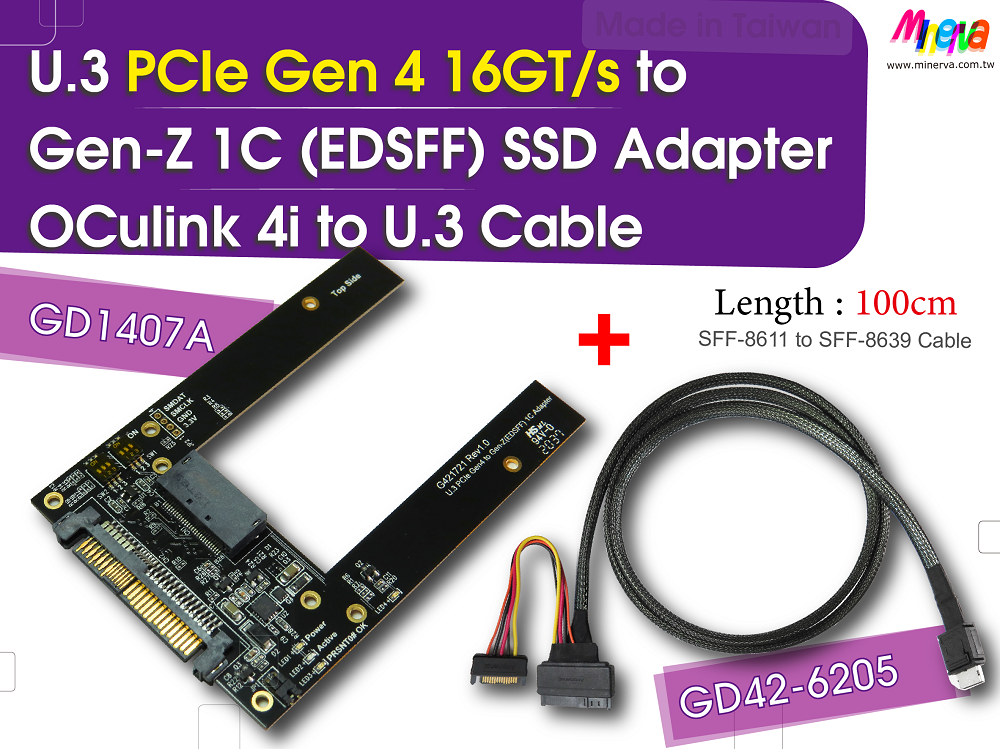 U.3 PCIe 4.0 to EDSFF (Gen-Z) 1C Adapter for SFF-TA-1006 Form Factor & OCulink 4i (SFF-8611) to U.3 (SFF-8639) Cable/100cm KIT