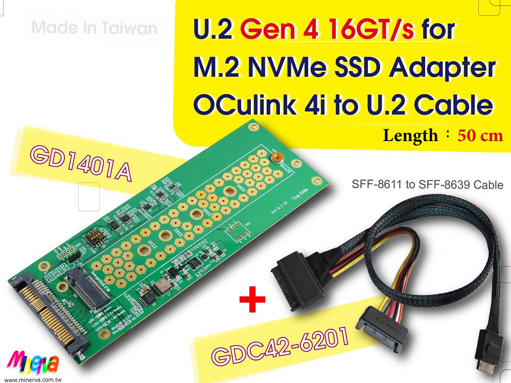 PCIe 4.0 Oculink 4i (SFF-8611) to U.2 (SFF-8639) Cable, 50cm & U.2 to M.2 NVMe Adapter