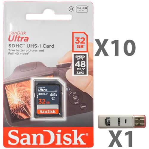 SanDisk 32GB SDHC Class 10 SDSDUNB-032G-GN3IN Memory Card Retail (10 Pack) with 1 Reader