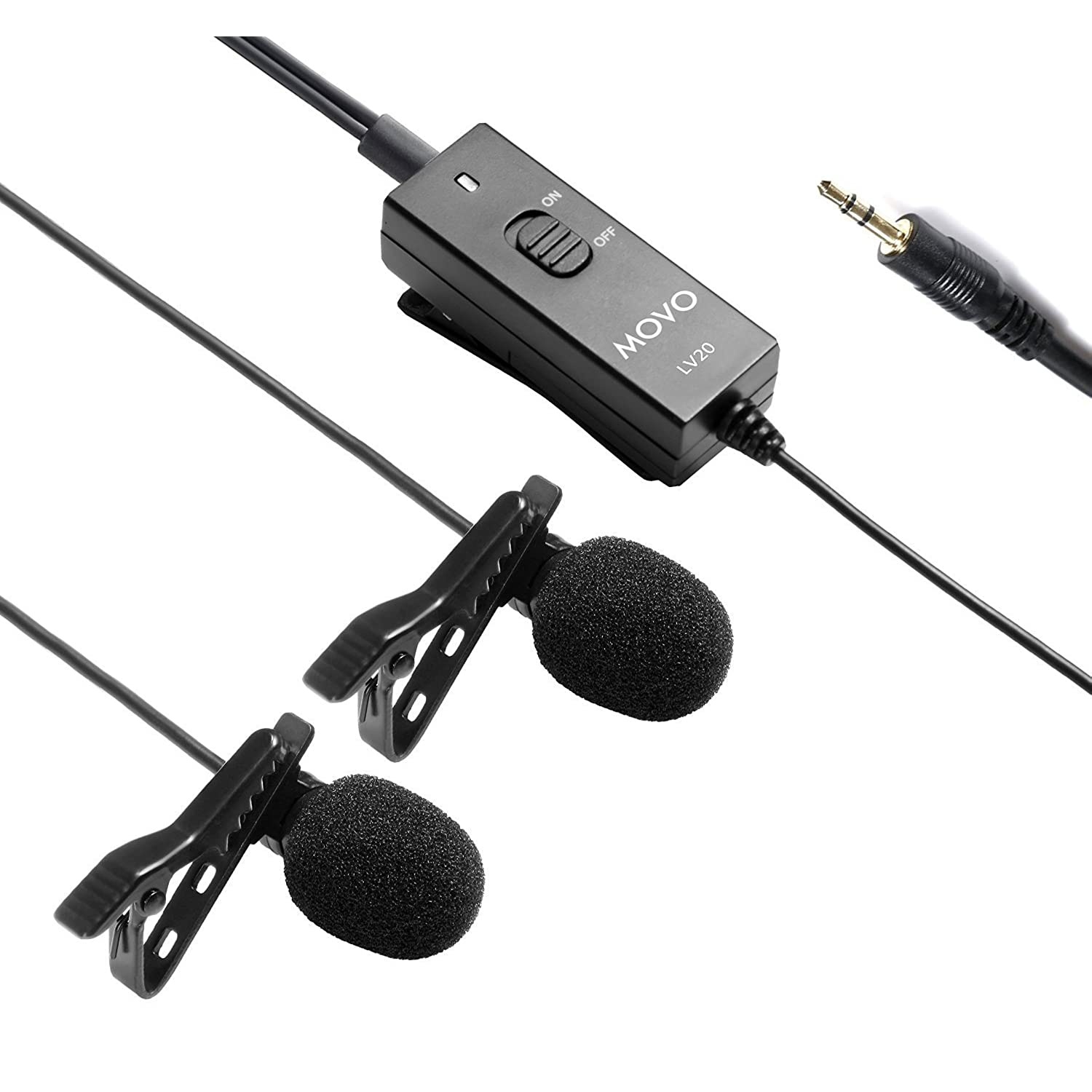 Movo LV20 Dual Lavalier Microphone — Clip-on Omnidirectional Condenser Interview Microphone Set for Cameras, Camcorders, and Recorders