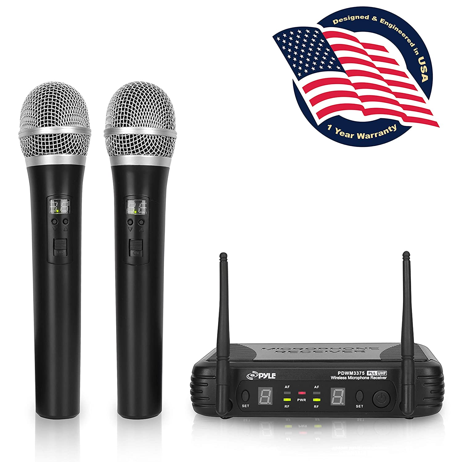 Professional Wireless Microphone System — Dual UHF Band, Wireless, Handheld, 2 MICS With 8 Selectable Frequency Channels, Independent Volume Controls, AF & RF Signal Indicators — Pyle PDWM3375