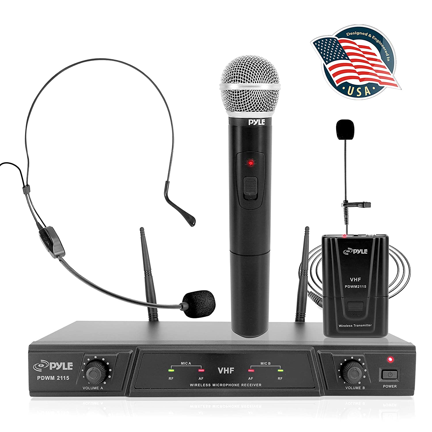 Pyle, 2 Dual Channel Wireless Microphone System-Portable VHF Audio Mic Set with Clip Lavalier Lapel, Handheld, Headset, Transmitter, ¼’’ Cable, Power Adapter-for Karaoke, PA DJ Pro PDWM2115