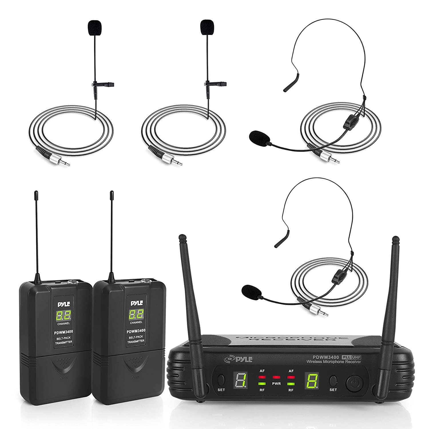 Pyle 2 Channel Wireless Microphone System — Portable UHF Digital Audio Mic Set with 2 Headset, 2 Lavalier lapel, 2 Transmitter, ¼’’ cable, power adapter — For Karaoke, PA, DJ, — PDWM3400