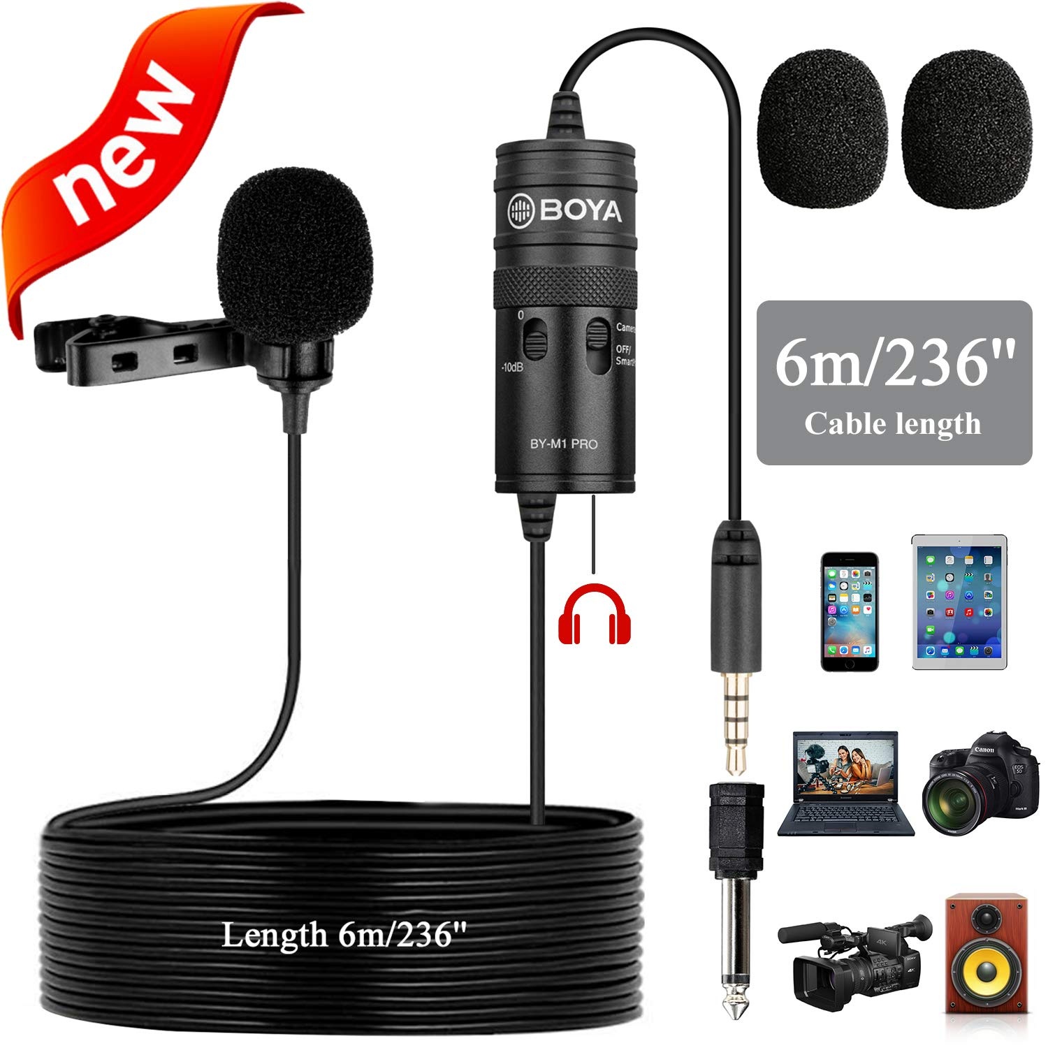 New Monitor Lavalier Microphone for Canon iPhone Podcast, 19 Feet BOYA Omnidirectional Condenser Mic for Nikon Sony iPhone 10 8 8 Plus 7 6 DSLR Camcorder Audio Recorder YouTube Interview Video